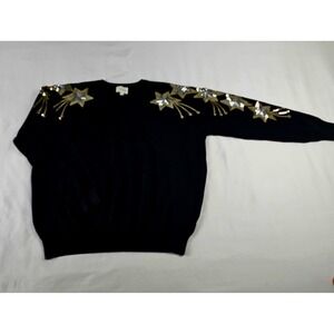 143 Story Black Sweater Gold Silver Sequins Shooting Stars Size L Sweatshirt